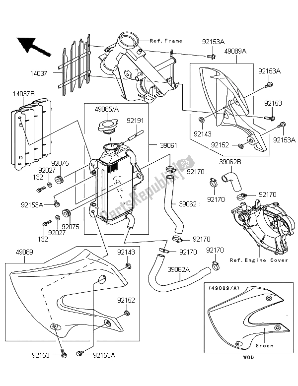 All parts for the Radiator of the Kawasaki KX 65 2008