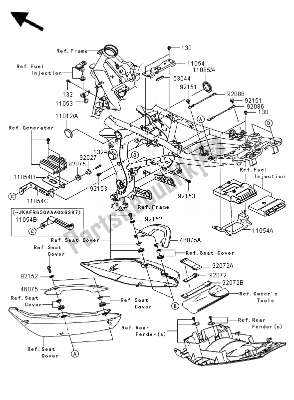 All parts for the Frame Fittings (jkaer650aaa035083 ) of the Kawasaki ER 6N 650 2007