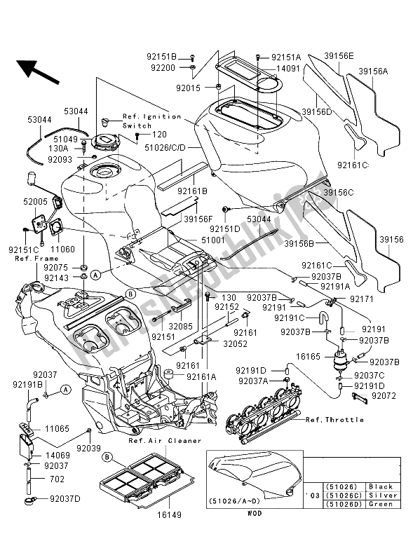 All parts for the Fuel Tank of the Kawasaki Ninja ZX 12R 1200 2003