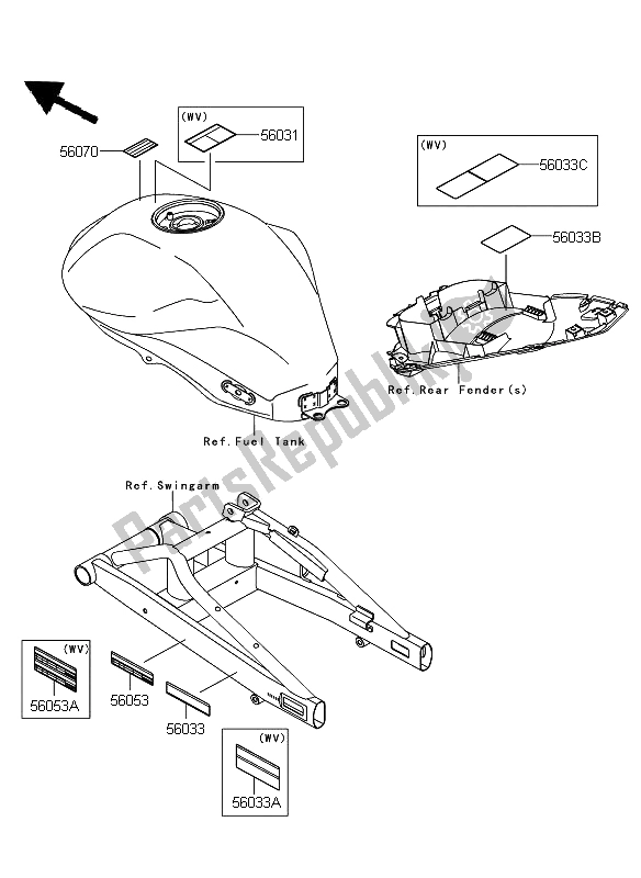 Alle onderdelen voor de Etiketten van de Kawasaki ER 6F ABS 650 2009