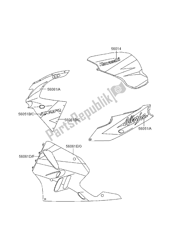 Alle onderdelen voor de Stickers (ebben-grijs-grijs-grijs) van de Kawasaki Ninja ZX 9R 900 1995