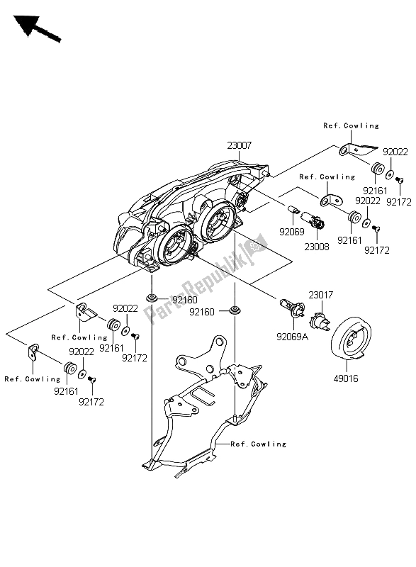 All parts for the Headlight of the Kawasaki Z 1000 2008