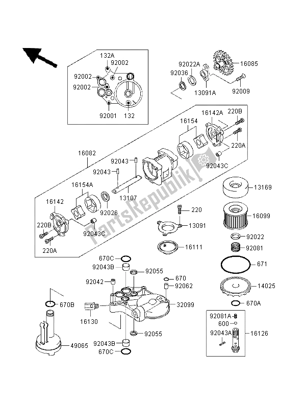 Alle onderdelen voor de Oliepomp & Oliefilter van de Kawasaki GPZ 1100 ABS 1996