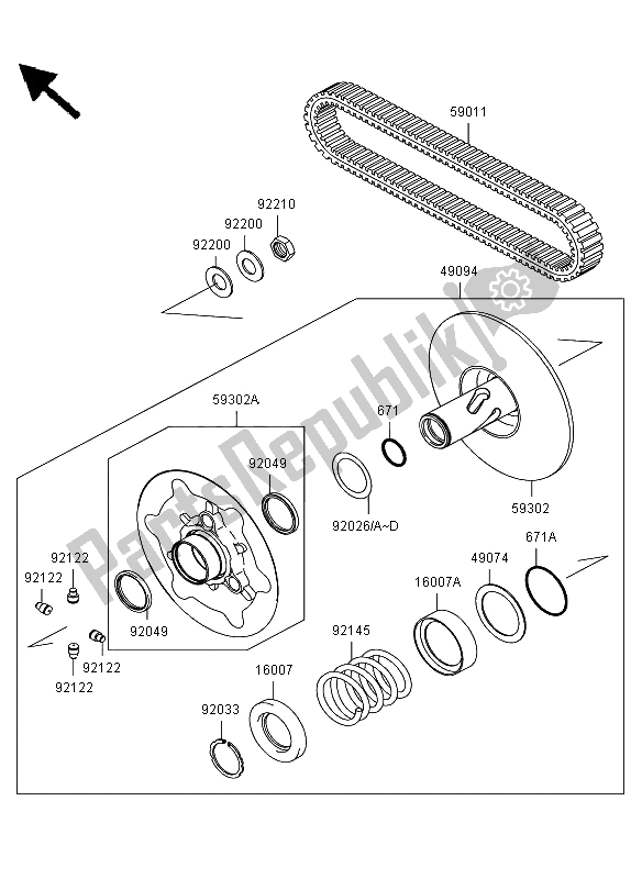 All parts for the Driven Converter & Drive Belt of the Kawasaki KVF 650 4X4 2013