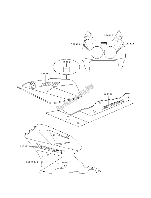 Tutte le parti per il Decalcomania (verde-bianco-blu) del Kawasaki ZXR 750 1991
