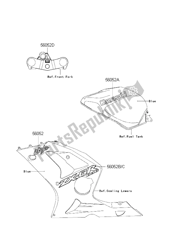 All parts for the Decals (blue) of the Kawasaki Ninja ZX 6R 600 2004