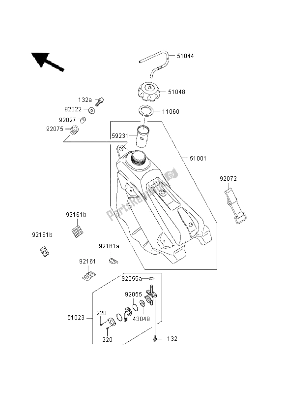 All parts for the Fuel Tank of the Kawasaki KX 250 2003