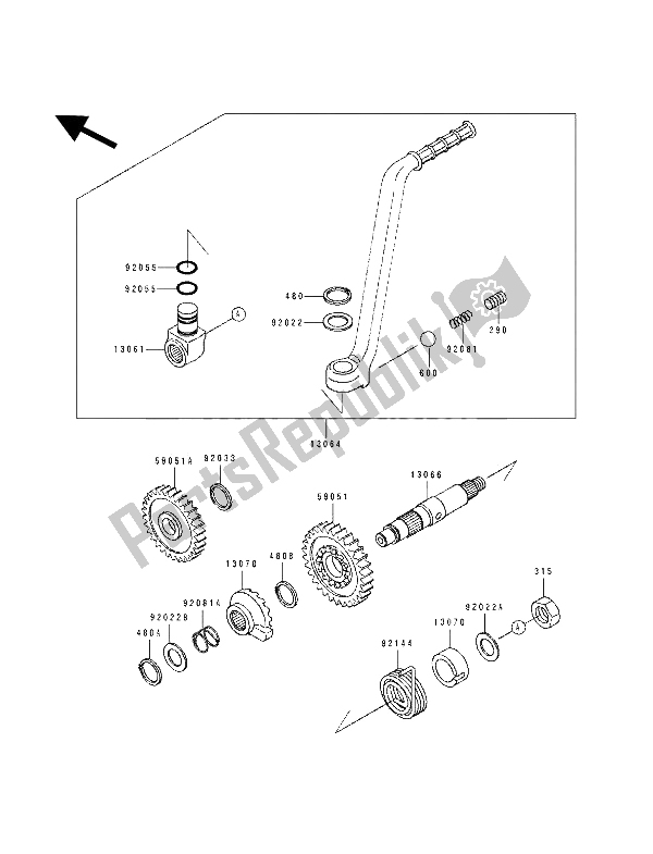 All parts for the Kickstarter Mechanism of the Kawasaki KDX 250 1992