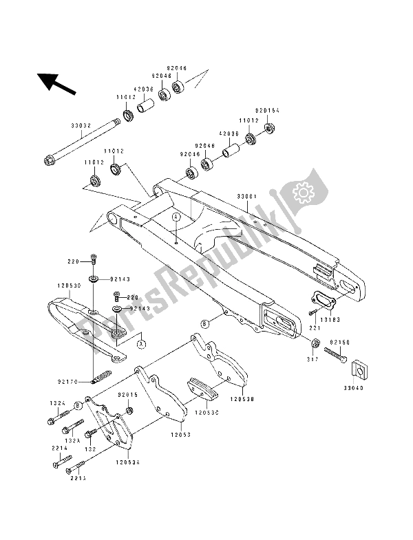 All parts for the Swingarm of the Kawasaki KX 125 1992