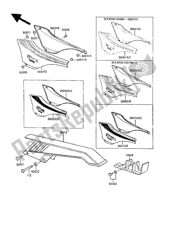 Alle onderdelen voor de Zijafdekkingen En Kettingafdekking van de Kawasaki GPZ 305 Belt Drive 1988