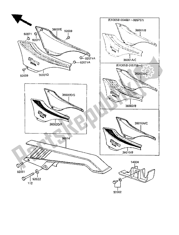 All parts for the Side Covers & Chain Cover of the Kawasaki GPZ 305 Belt Drive 1988