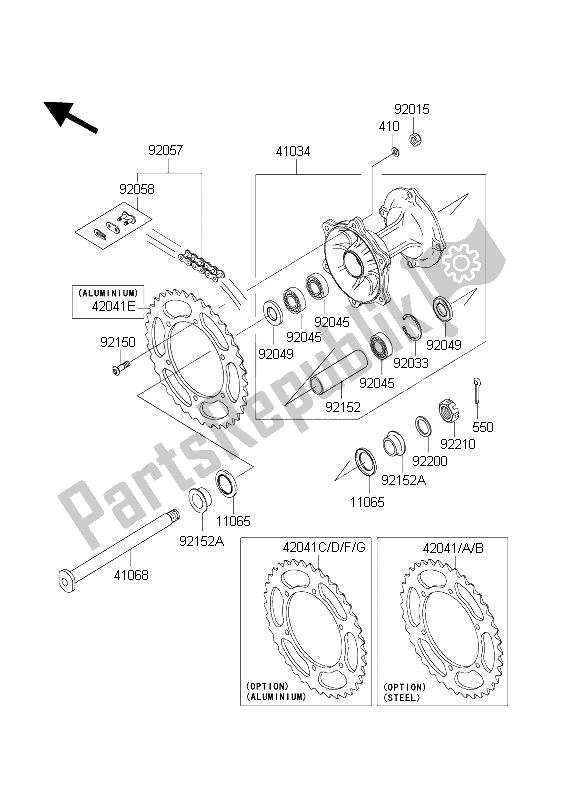 Alle onderdelen voor de Achternaaf van de Kawasaki KX 250 2004