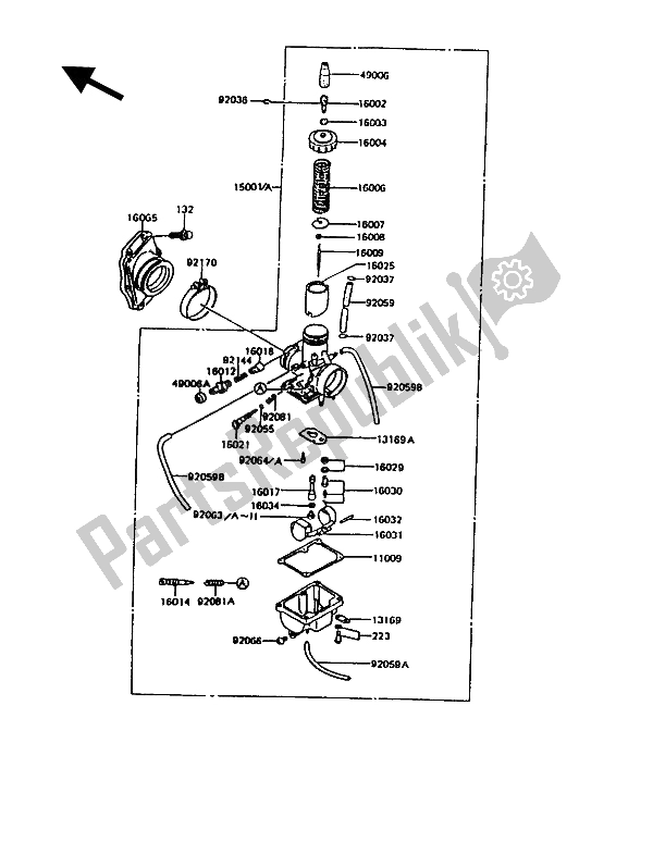 Alle onderdelen voor de Carburator van de Kawasaki KMX 125 1992