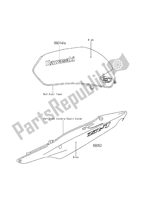 Alle onderdelen voor de Stickers (blauw) van de Kawasaki ZR 7 750 1999