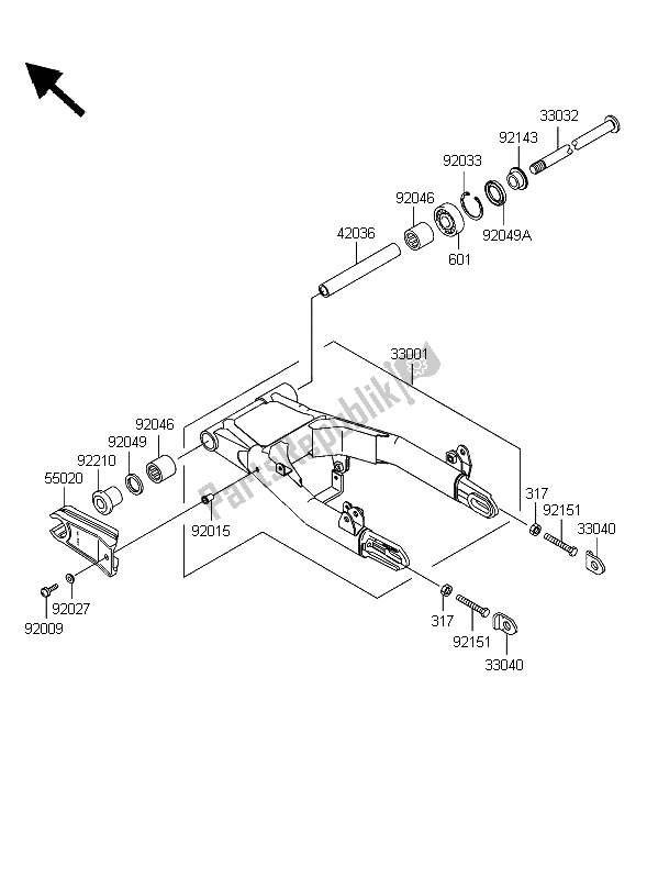 Alle onderdelen voor de Achterbrug van de Kawasaki W 650 2006