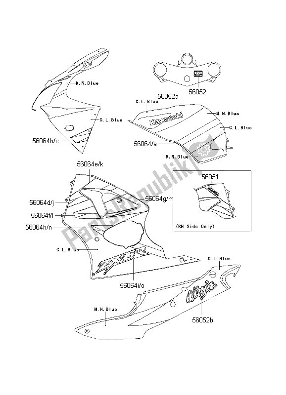 Tutte le parti per il Decalcomanie (c. L. Blue-m. N. Blue) del Kawasaki Ninja ZX 6R 600 2001