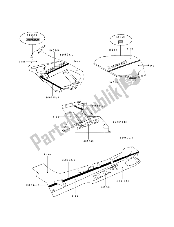 All parts for the Decal (blue-rose-eventide) of the Kawasaki ZZ R 600 1992