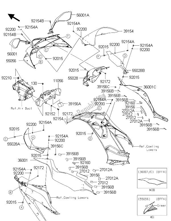 Tutte le parti per il Cuffia del Kawasaki Ninja ZX 6R 600 2015