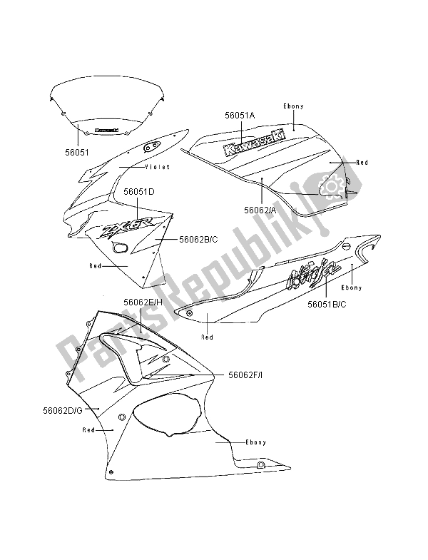 All parts for the Decals (red-ebony-violet) of the Kawasaki Ninja ZX 6R 600 1998