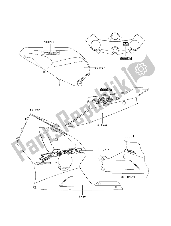 All parts for the Decals (silver) of the Kawasaki Ninja ZX 12R 1200 2000