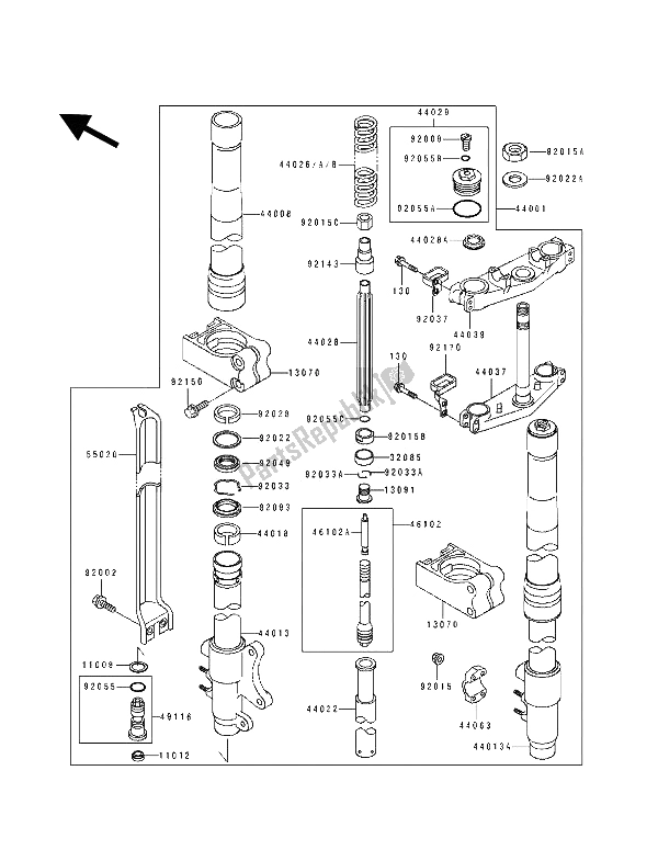 All parts for the Front Fork of the Kawasaki KX 125 1990