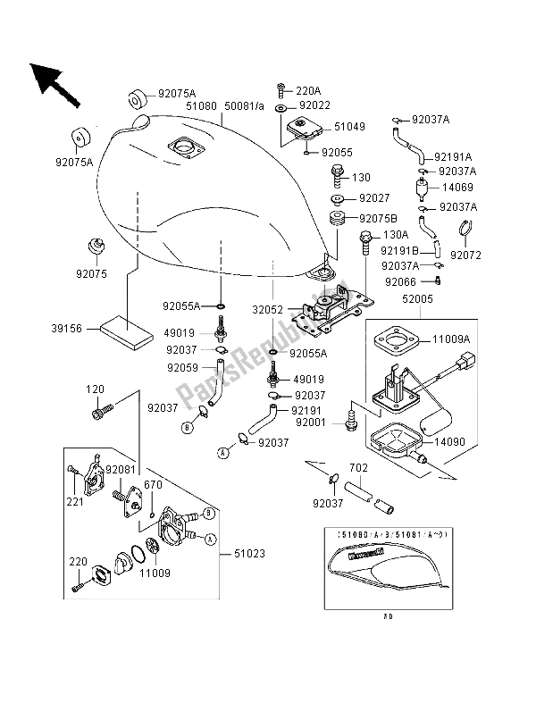 All parts for the Fuel Tank of the Kawasaki ER 500 1999