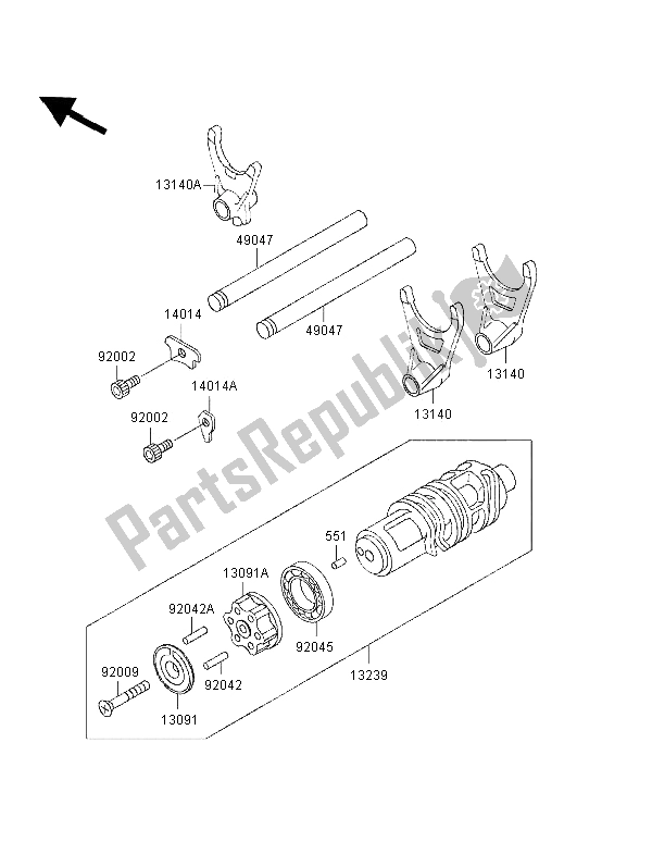 All parts for the Gear Change Drum & Shift Fork of the Kawasaki Zephyr 1100 1996