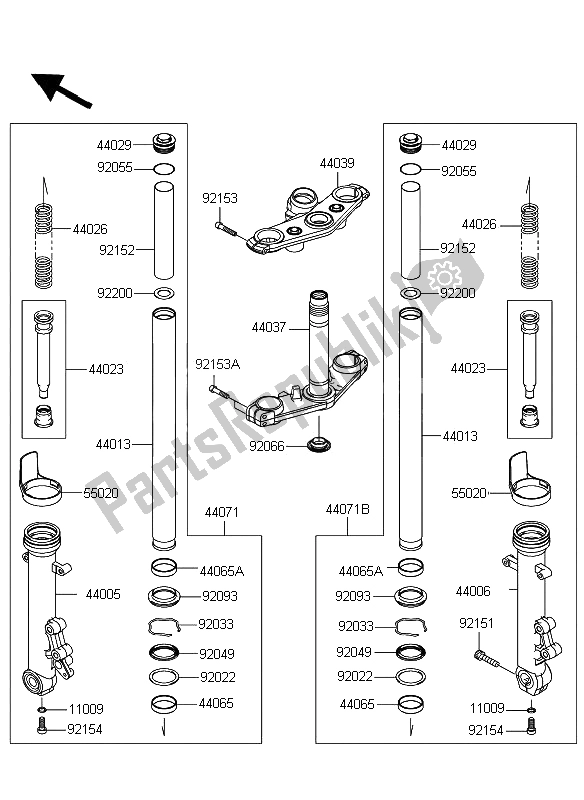 Alle onderdelen voor de Voorvork van de Kawasaki ER 6N ABS 650 2009