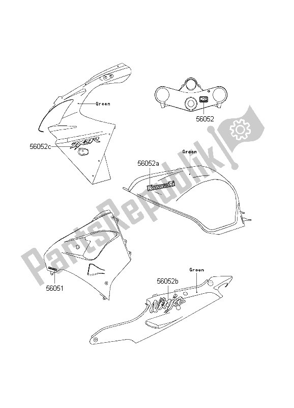 All parts for the Decals (green) of the Kawasaki Ninja ZX 9R 900 2001