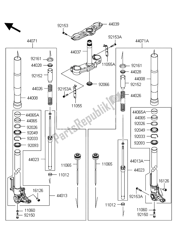 All parts for the Front Fork of the Kawasaki Z 1000 2012