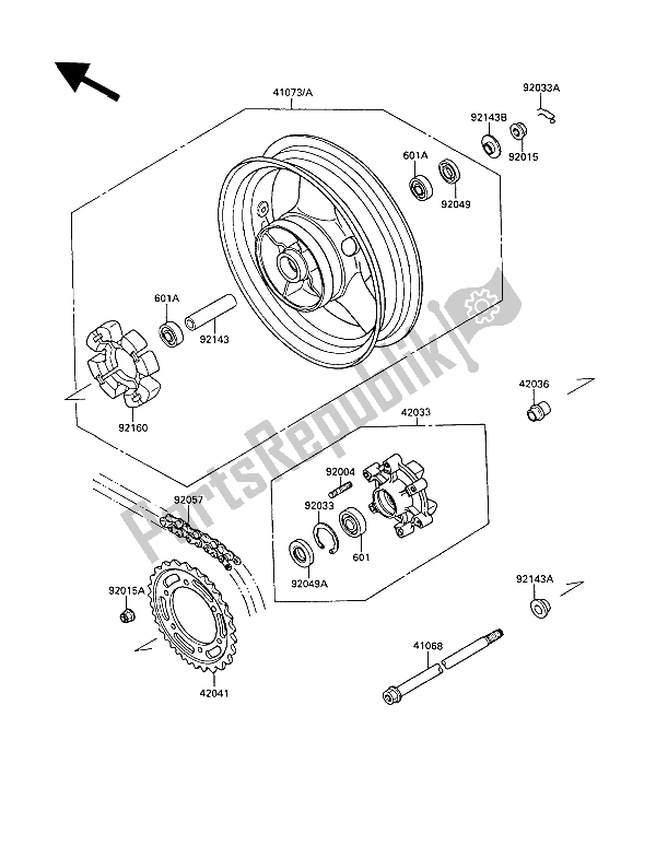 Tutte le parti per il Mozzo Posteriore del Kawasaki KR 1 250 1989