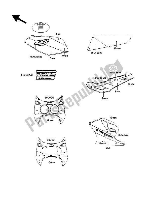 Todas as partes de Decalques (verde-azul-branco) do Kawasaki ZXR 750 1989