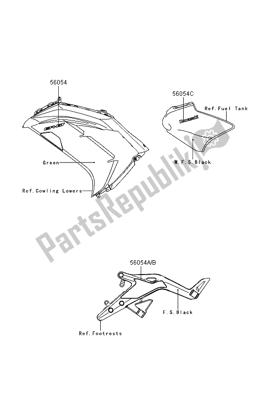 All parts for the Decals (green) of the Kawasaki ER 6F 650 2013