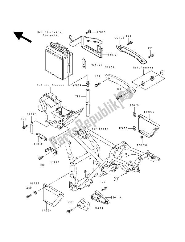Alle onderdelen voor de Batterijhouder van de Kawasaki EL 250D 1991