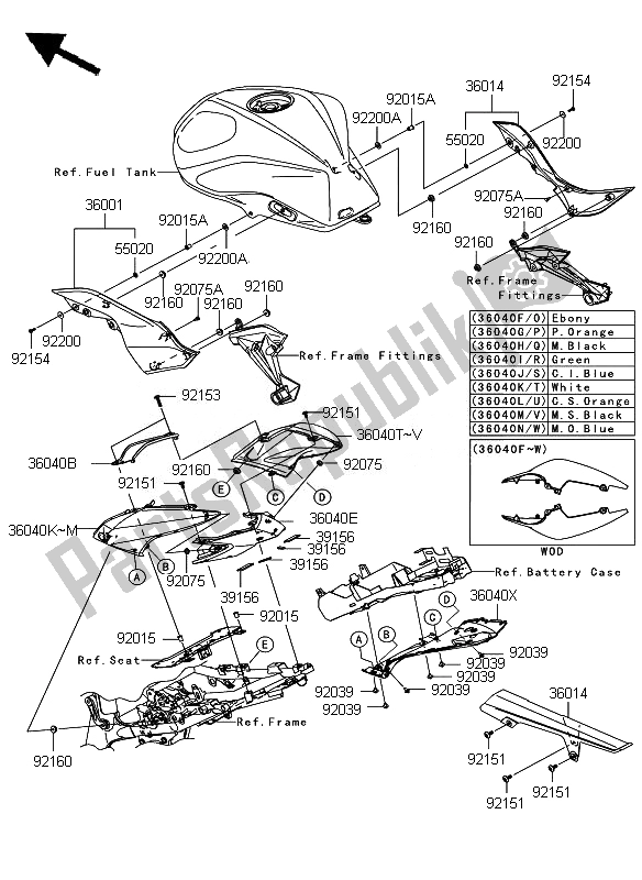 Alle onderdelen voor de Zijafdekkingen En Kettingafdekking van de Kawasaki Z 750 2010