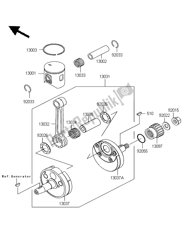 All parts for the Crankshaft & Piston of the Kawasaki KX 125 2007