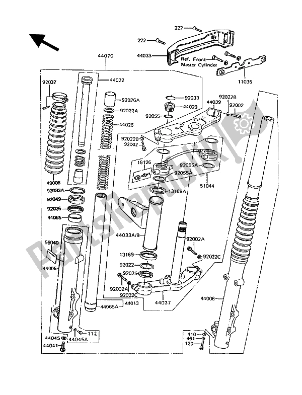 All parts for the Front Fork of the Kawasaki GT 750 1992