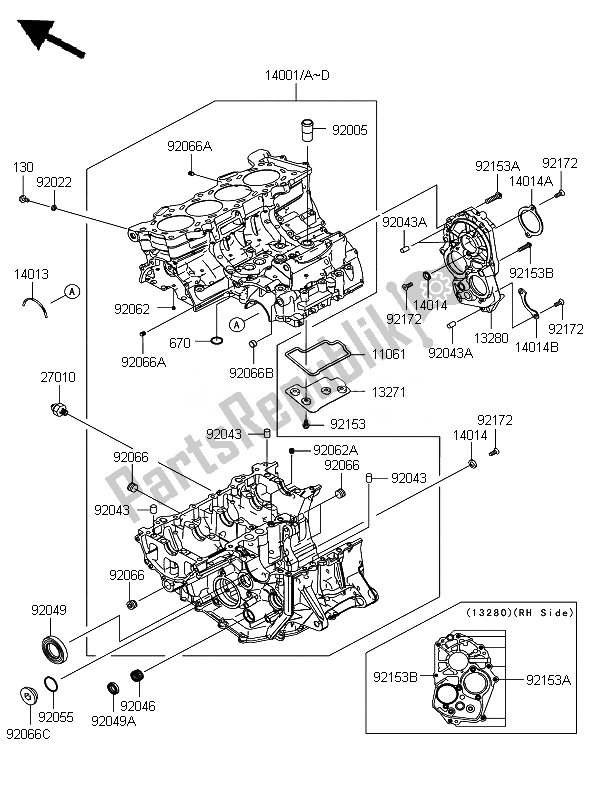 All parts for the Crankcase of the Kawasaki Ninja ZX 6R 600 2007