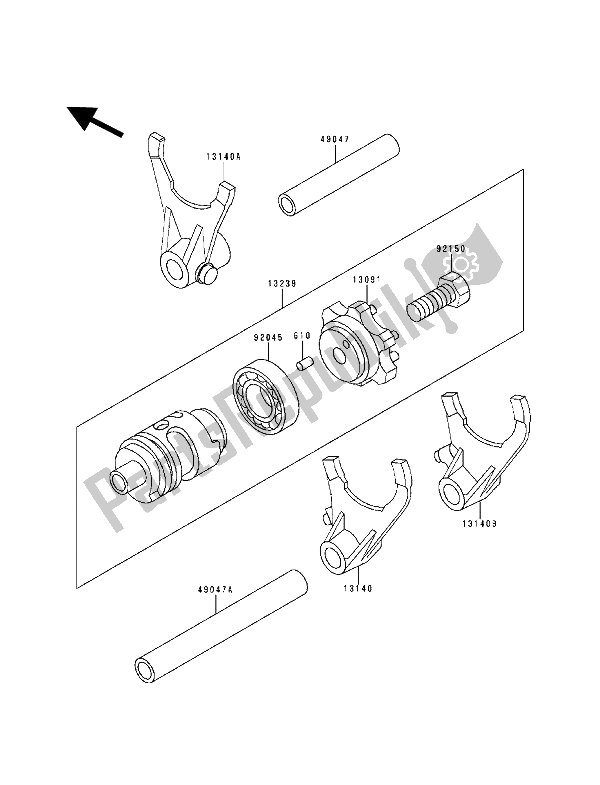 All parts for the Gear Change Drum & Shift Fork(s) of the Kawasaki KX 500 1993
