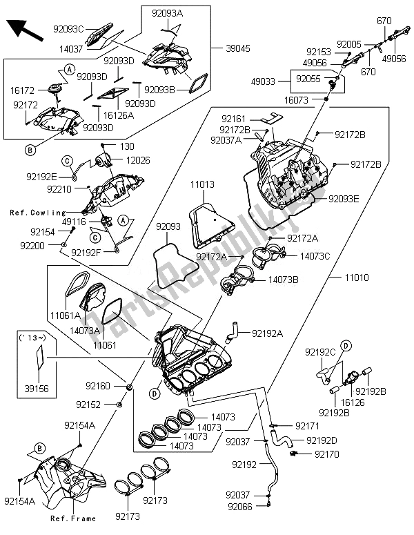 All parts for the Air Cleaner of the Kawasaki Ninja ZX 10R ABS 1000 2014