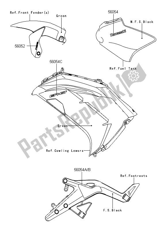Tutte le parti per il Decalcomanie (verde) del Kawasaki ER 6F ABS 650 2012