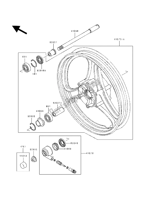 All parts for the Front Hub of the Kawasaki GPZ 500S 1993