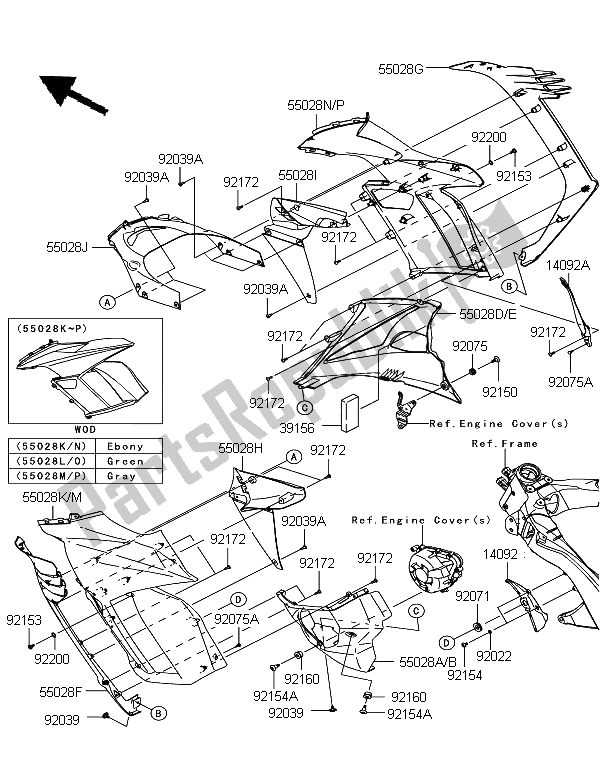 All parts for the Cowling (center) of the Kawasaki Z 1000 SX ABS 2012