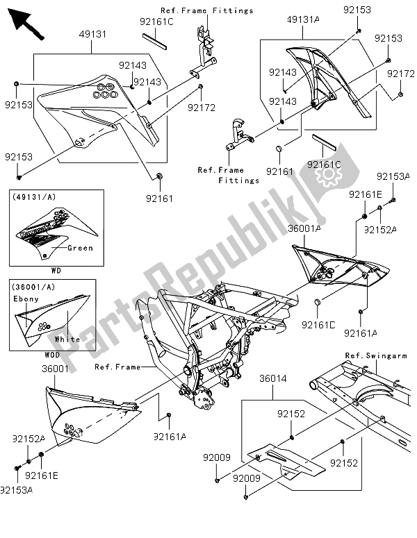 Alle onderdelen voor de Zijafdekkingen En Kettingafdekking van de Kawasaki KLX 125 2013