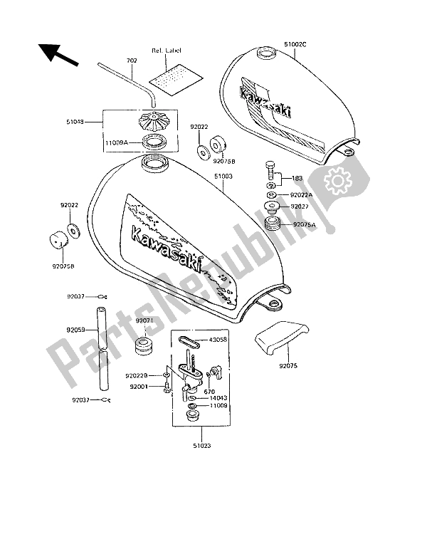 Alle onderdelen voor de Benzinetank van de Kawasaki KE 100 1991