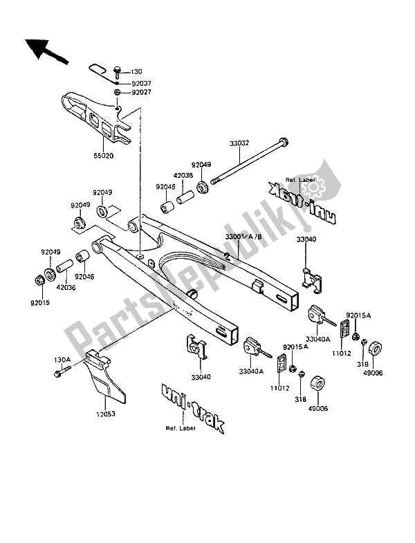 Alle onderdelen voor de Achterbrug van de Kawasaki KMX 125 1987