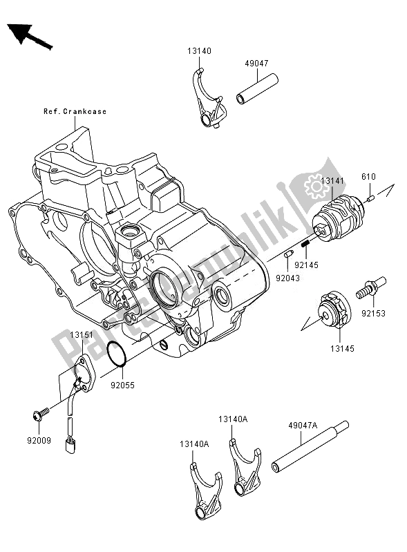 All parts for the Gear Change Drum & Shift Fork of the Kawasaki KX 450F 2007