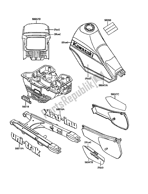All parts for the Decals (white & Red) of the Kawasaki KLR 250 1988