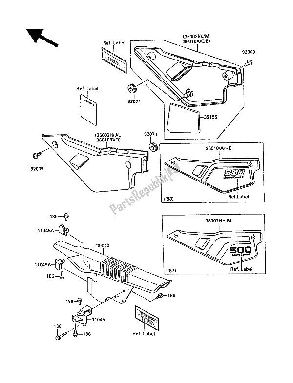 All parts for the Side Covers & Chain Cover of the Kawasaki KLR 500 1987