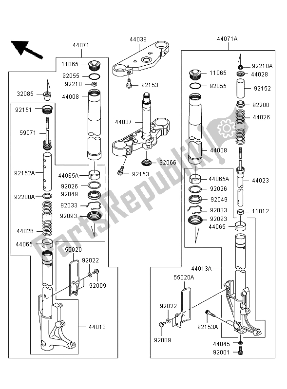 Alle onderdelen voor de Voorvork van de Kawasaki VN 1600 Mean Streak 2006